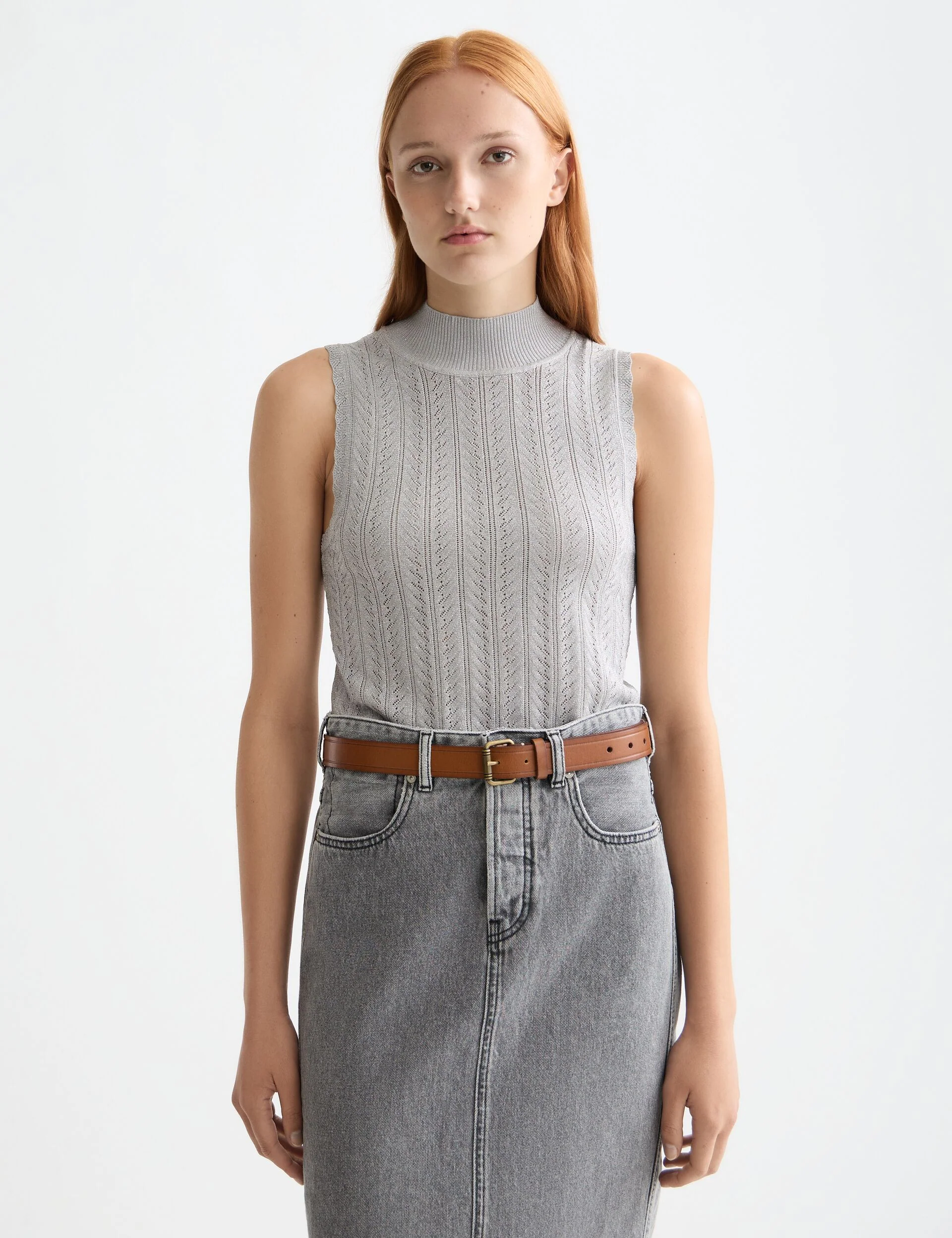 Metallic pointelle knitted tank
