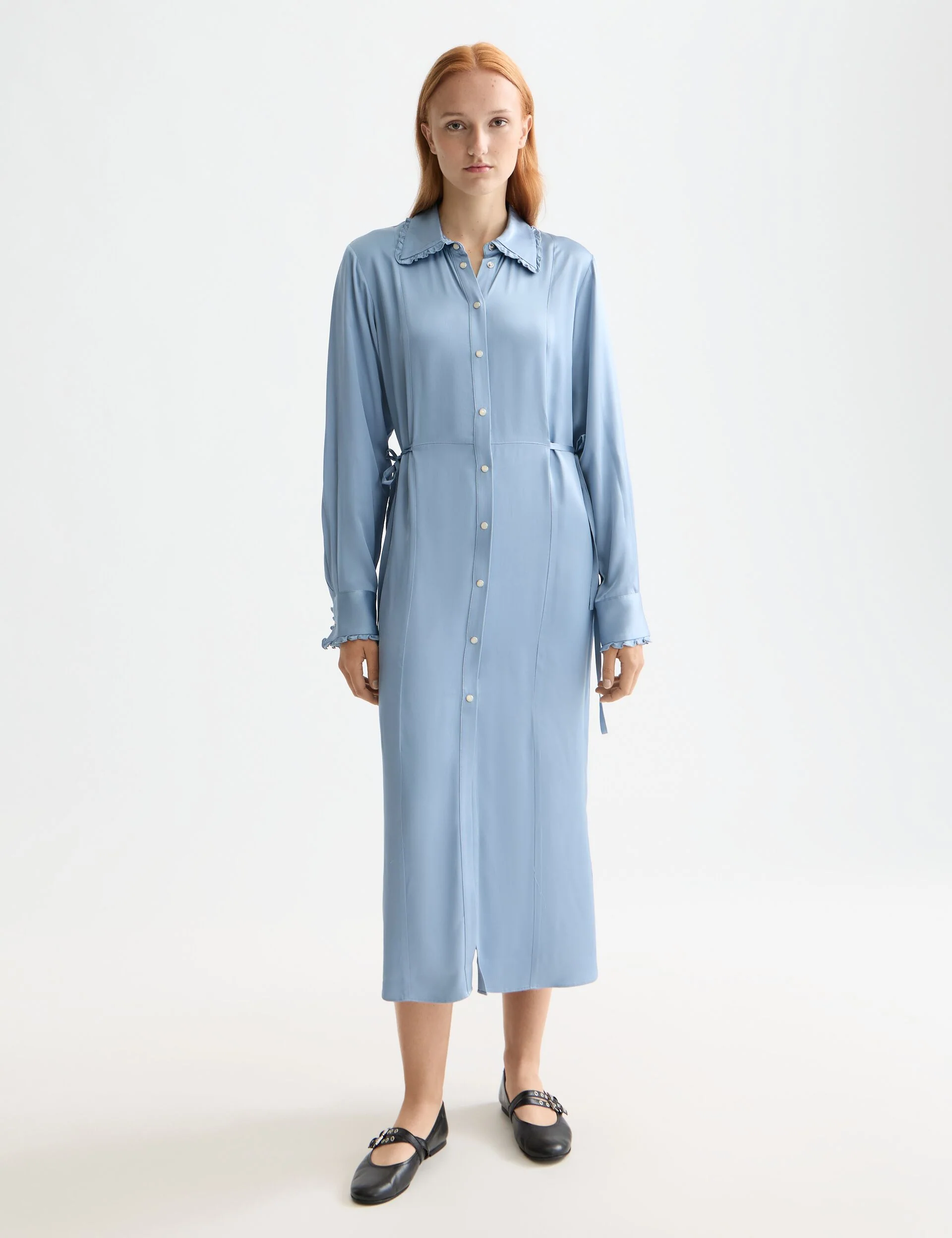 Midi shirt dress with tied waist and ruffles