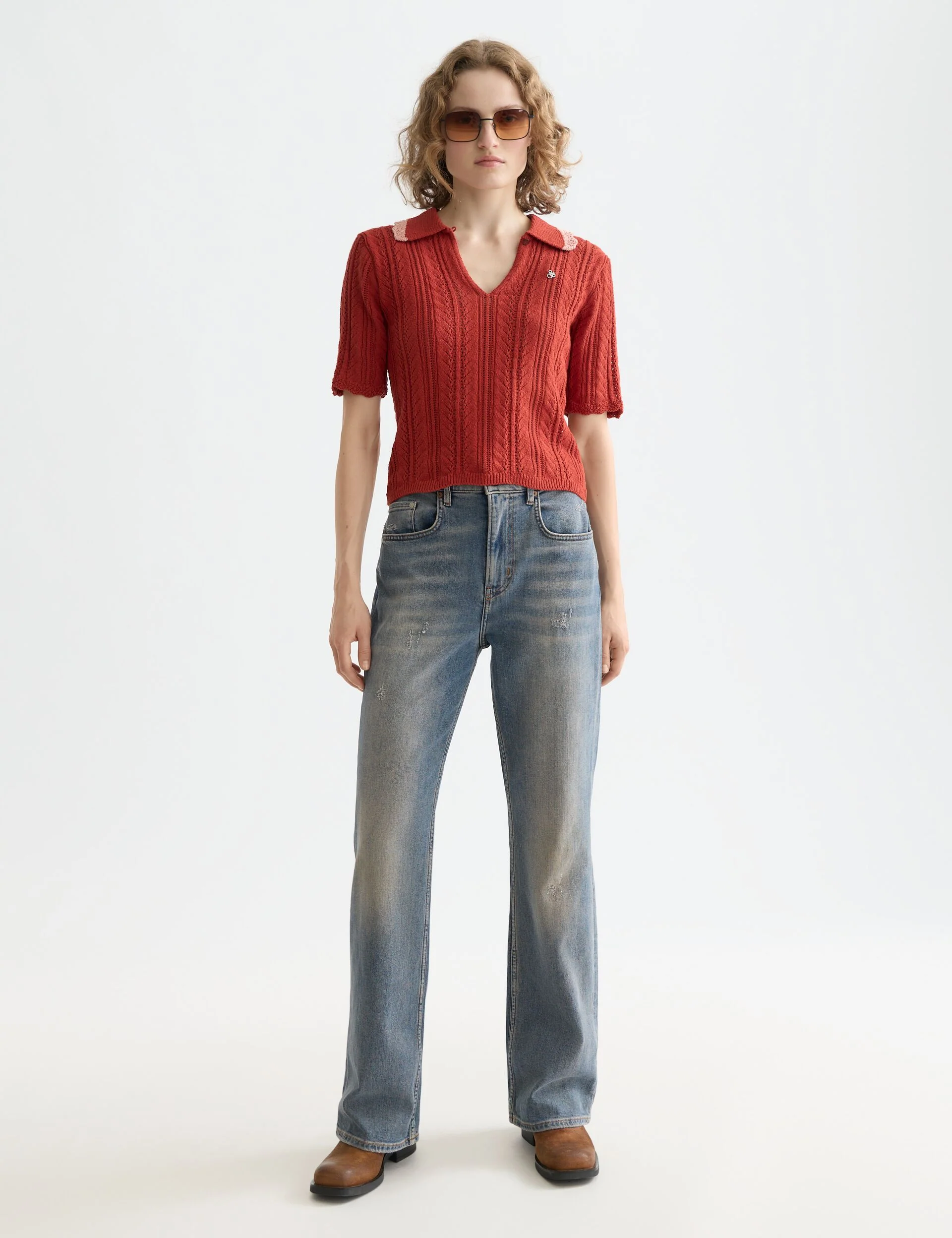 Pointelle collared knitted polo - Image 2