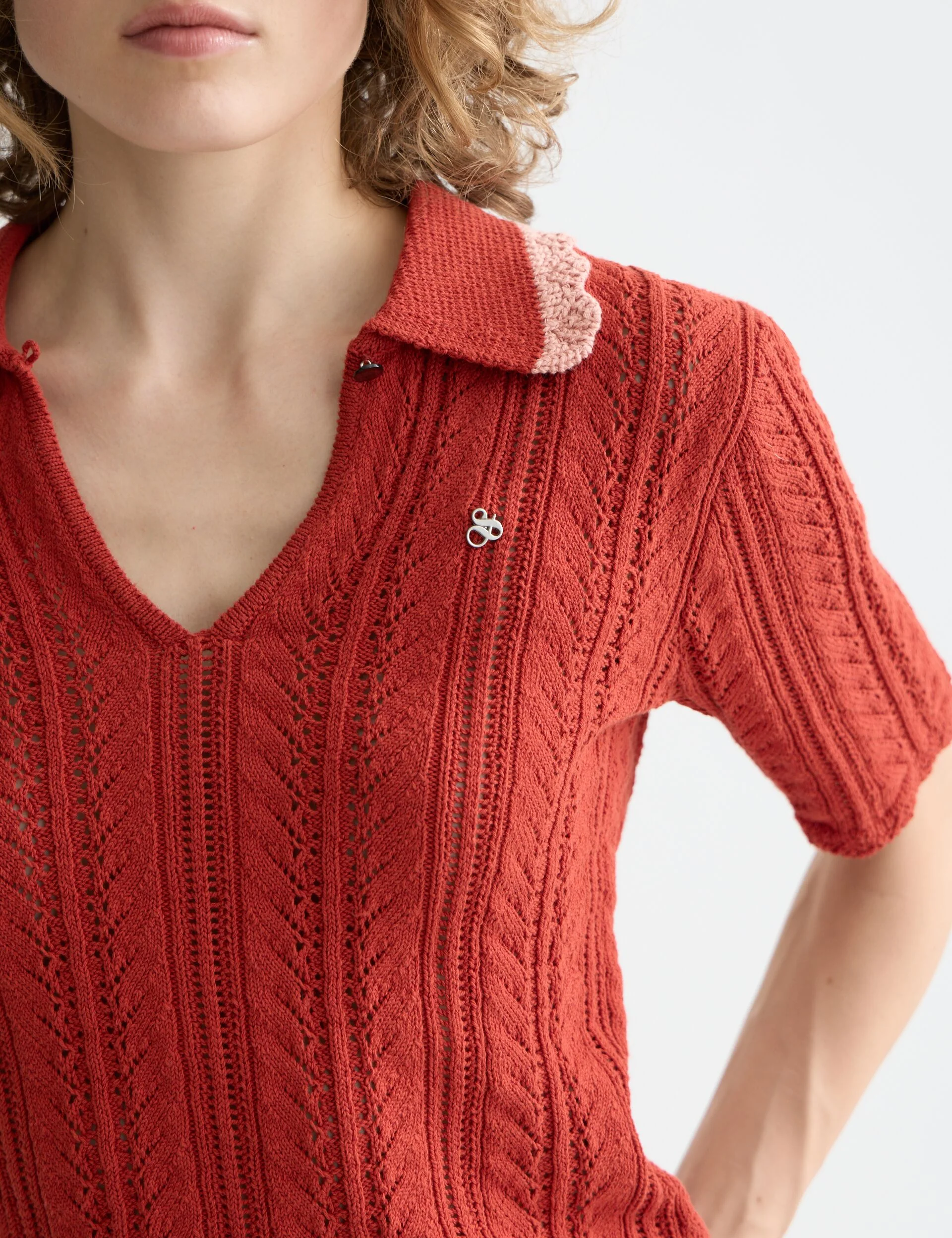 Pointelle collared knitted polo - Image 4