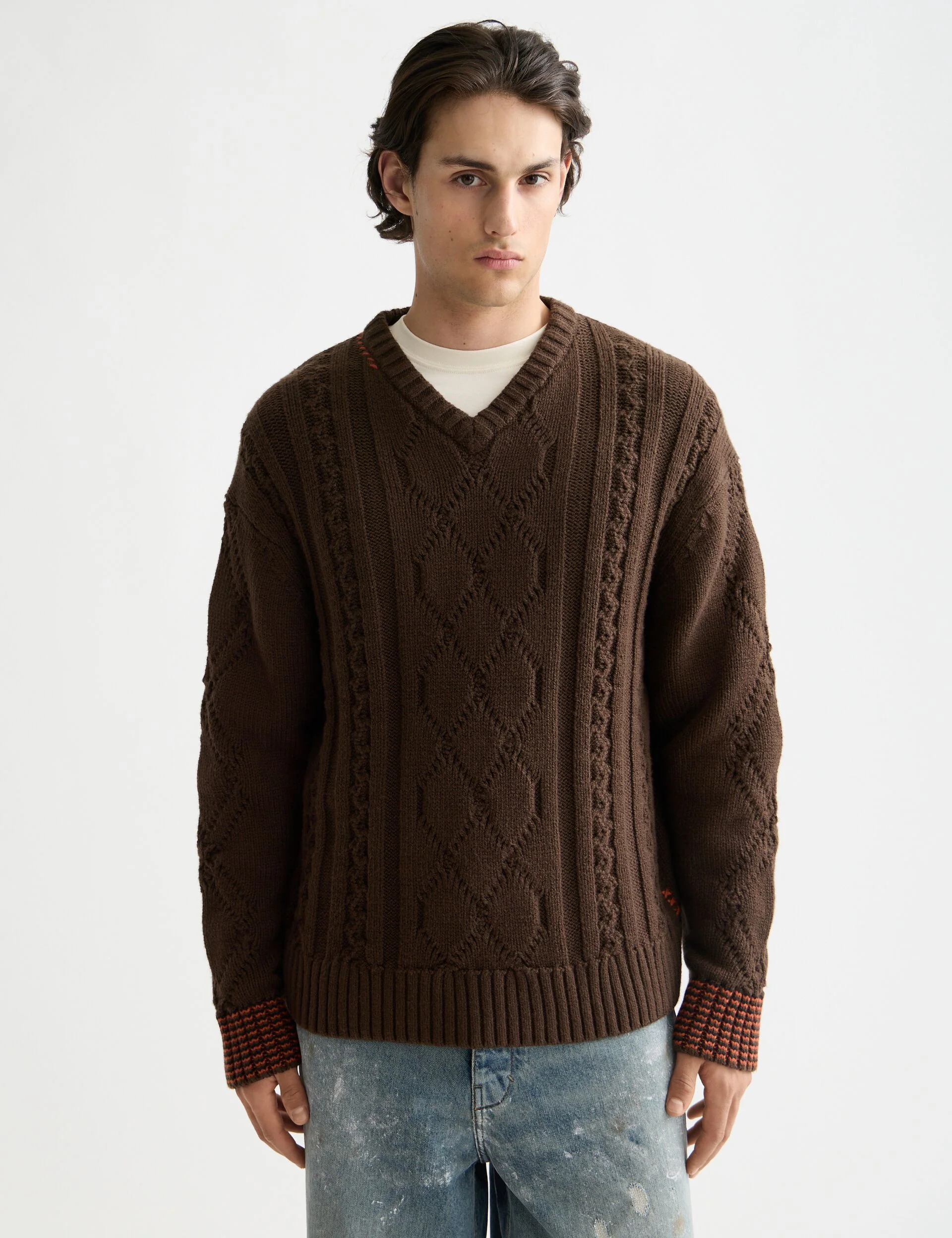 V-Neck chunky cable loose fit pullover