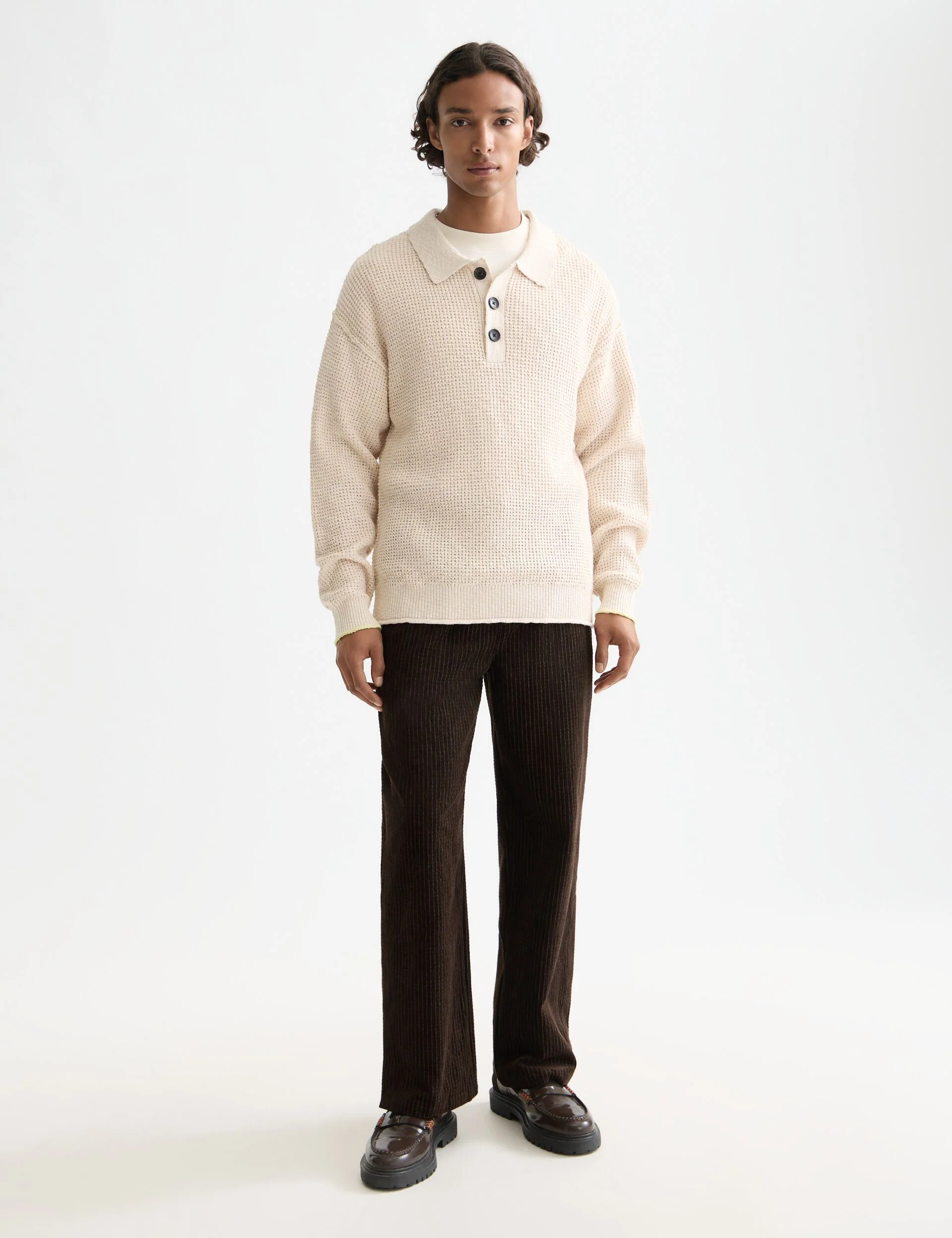 Waffle stitch dropped shoulder longsleeve polo - Image 2